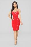 Red Fashion Sexy Spaghetti Strap Sleeveless Slip Step Skirt Knee-Length Patchwork Solid Club