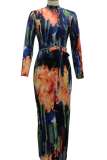 Multicolor Sexy Print Patchwork Zipper Collar Pencil Skirt Dresses