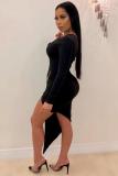Navy Blue Sexy Fashion One Shoulder Long Sleeves one shoulder collar Asymmetrical Mini hollow out Pa