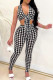 Black White Fashion Sexy Plaid Print Bandage Patchwork V Neck Sleeveless Two Pieces