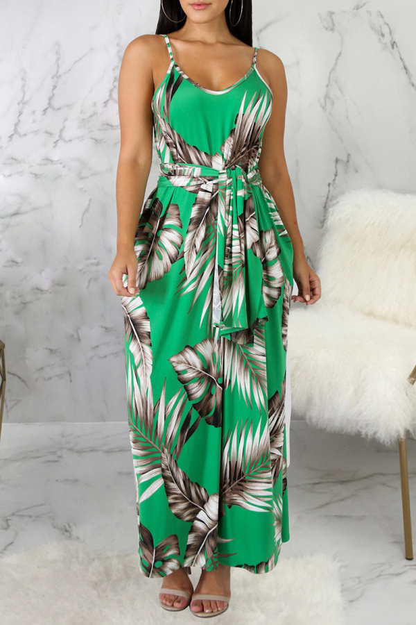 Green Casual Print Patchwork Spaghetti Strap Straight Dresses