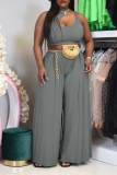 Grey Casual Solid Hollowed Out O Neck Sleeveless Two Pieces