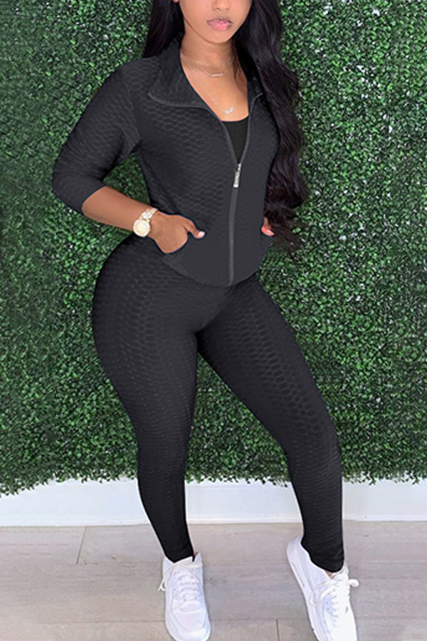 Black Fashion Sexy Adult Patchwork Solid Patchwork Turndown Collar Long Sleeve Regular Sleeve Regular Two Pieces