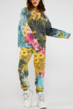 Blue Sportswear Spandex Blends Print Draw String Tie-dye Hooded Collar Long Sleeve Regular Sleeve Regular Two Pieces
