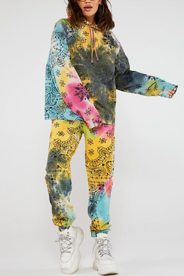 Yellow Sportswear Spandex Blends Print Draw String Tie-dye Hooded Collar Long Sleeve Regular Sleeve Regular Two Pieces