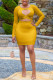 Yellow Twilled Satin Patchwork Solid Pierced Hollowed Out Patchwork Basic Long Sleeve Mini Wrapped Skirt Dresses