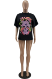 Black Casual Print Patchwork O Neck Mid Waist T-Shirts
