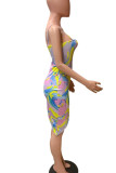 Yellow Sexy Print Patchwork Spaghetti Strap Irregular Dress Dresses