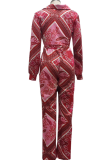 Red Sexy Print Patchwork V Neck Long Sleeve Two Pieces