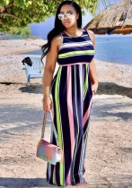 Blue Casual O-Neck Sleeveless Loose Long Print Dresses