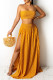 Yellow Fashion Sexy Dot Print Backless Slit Strapless Sleeveless Two Pieces