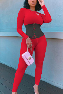 Red Street Patchwork Bandage Patchwork O Neck Skinny Jumpsuits