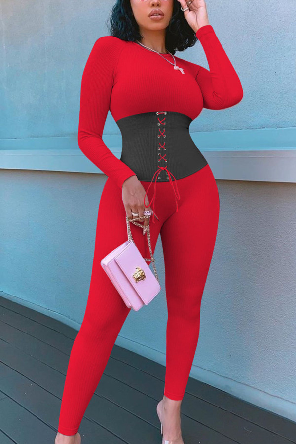Red Street Patchwork Bandage Patchwork O Neck Skinny Jumpsuits