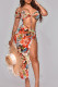 Pink Sexy Print Patchwork Frenulum High Opening Asymmetrical Off the Shoulder Short Sleeve Two Pieces
