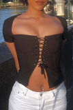 White Casual Solid Patchwork Draw String Square Collar Tops