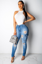 Blue Denim Button Fly Sleeveless High Hole Patchwork Pocket washing Solid pencil Pants 