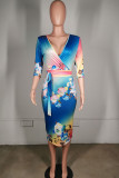 Multi-color Milk. Sexy Cap Sleeve Long Sleeves V Neck Step Skirt Mid-Calf Floral Print 
