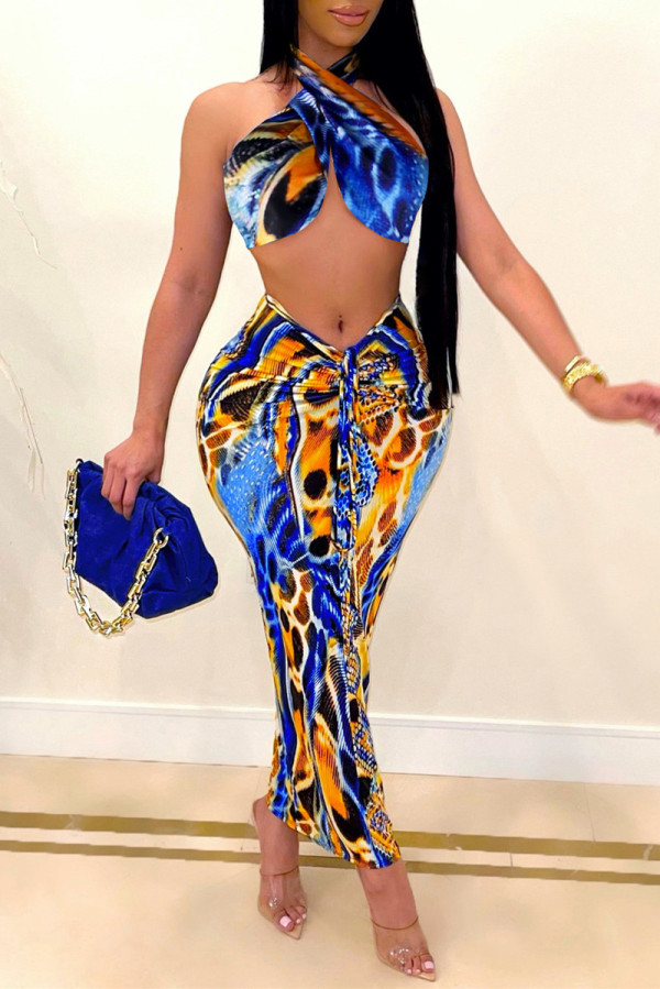 Colour Fashion Sexy Print Backless Halter Sleeveless Two Pieces