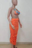 Tangerine Sexy Print Patchwork Frenulum Asymmetrical Halter Sleeveless Two Pieces