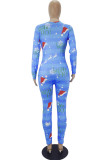 Blue Sexy Santa Hats Printed Patchwork O Neck Jumpsuits