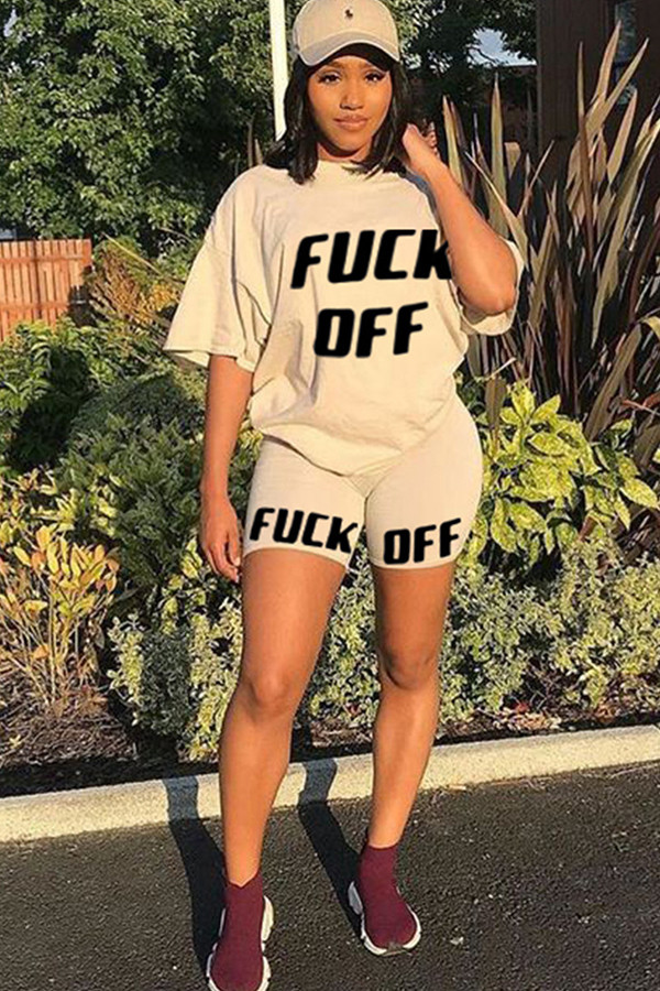 Khaki Fashion Sexy adult Ma'am Letter Patchwork Print Two Piece Suits pencil Short Sleeve Two Pieces