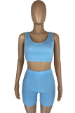 Blue Casual Solid Patchwork U Neck Sleeveless Two Pieces