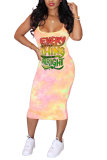 multicolor Fashion Sexy adult multicolor Tank Sleeveless Square Step Skirt Mid-Calf Print Patchwork Letter Tie and dye Dresses