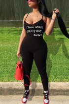 Black Fashion Sexy Print letter Sleeveless Slip Jumpsuits