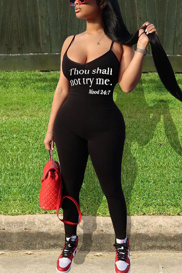 Black Fashion Sexy Print letter Sleeveless Slip Jumpsuits
