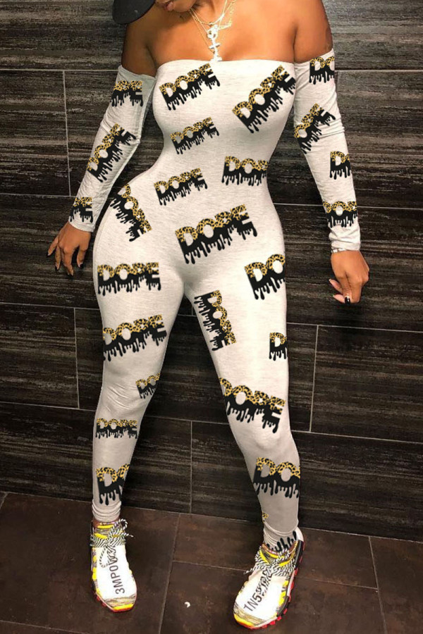 Black Gray Sexy Print Strapless Regular Jumpsuits