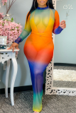 Rainbow Color Sexy Print Patchwork Half A Turtleneck Pencil Skirt Dresses