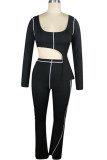 Black Sexy Europe and America Patchwork Solid asymmetrical Straight Long Sleeve Two Pieces