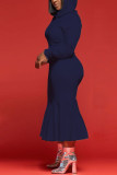 Tibetan Blue Fashion Casual Solid Basic Hooded Collar Long Sleeve Dress Dresses