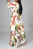 White Casual Print Draw String V Neck Cake Skirt Dresses
