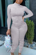 Grey British Style Solid Fold O Neck Regular Jumpsuits