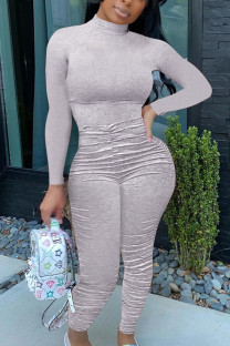 Grey British Style Solid Fold O Neck Regular Jumpsuits