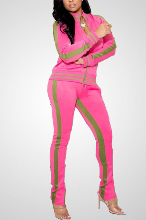 Pink Casual Solid Patchwork O Neck Long Sleeve Two Pieces