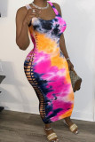 multicolor Fashion adult Europe and America multicolor Tank Sleeveless O neck Sheath Ankle-Length Print Patchwork hole hollow out Dresses