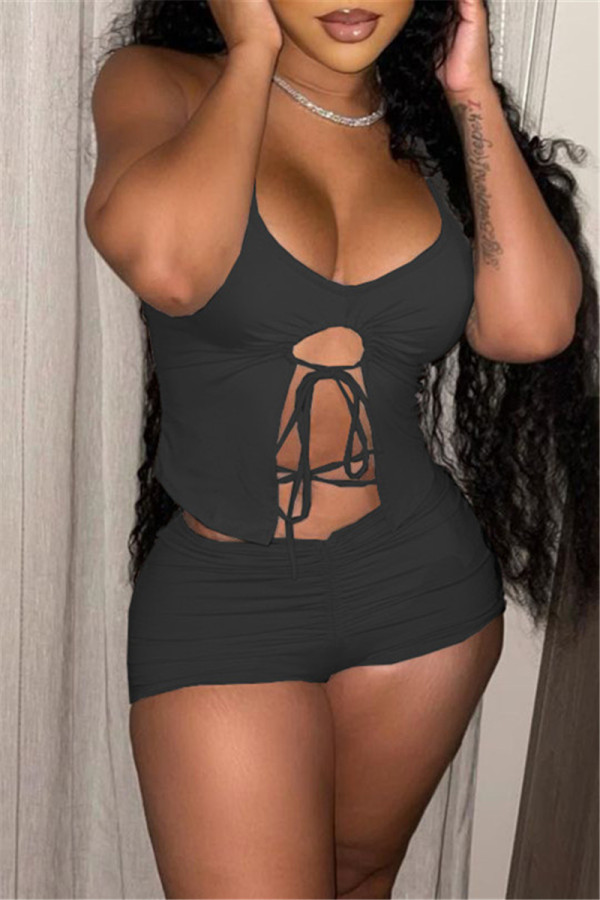 Black Sexy Casual Solid Strap Design V Neck Sleeveless Two Pieces