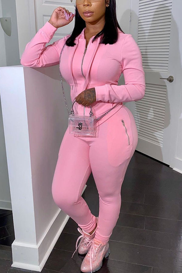 Pink Fashion adult Ma'am Street Solid Two Piece Suits pencil Long Sleeve Two Pieces
