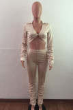 Yellow OL Solid Draped crop top Boot Cut Long Sleeve Two Pieces