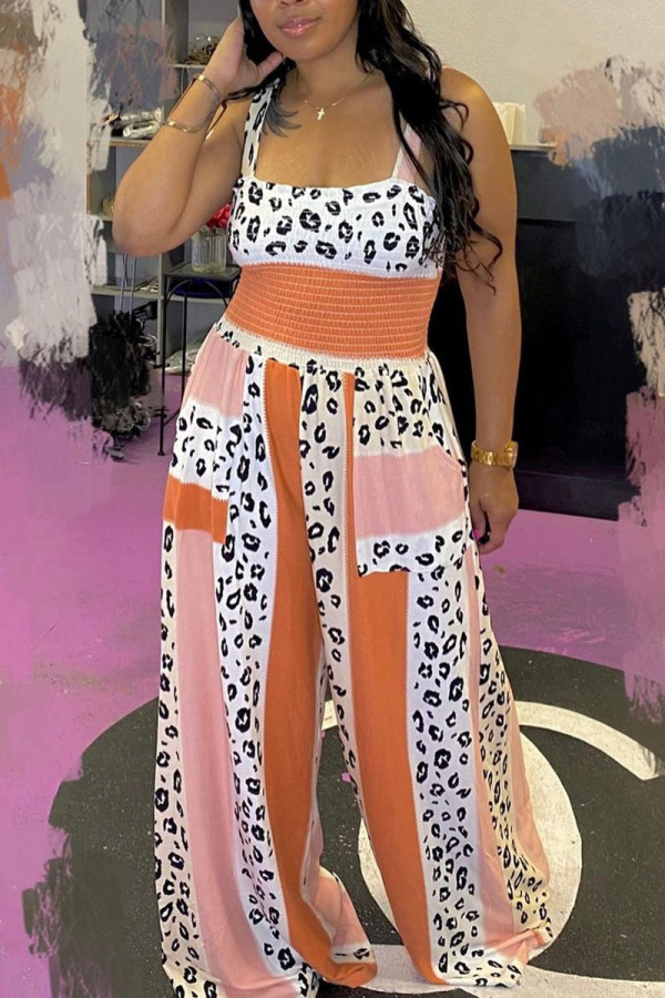 Leopard Print Street Print Patchwork Square Collar Straight Jumpsuits