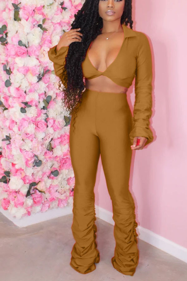 Gold OL Solid Draped crop top Boot Cut Long Sleeve Two Pieces