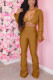 Gold OL Solid Draped crop top Boot Cut Long Sleeve Two Pieces