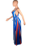 Blue Fashion Street White Blue Orange Yellow Light Blue Dark Blue Spaghetti Strap Sleeveless Slip Swagger Floor-Length Striped Print Dresses