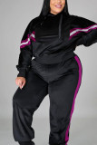 Black Casual Solid Hooded Collar Plus Size 