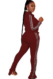 Wine Red Casual Two Piece Suits Patchwork Solid Loose Long Sleeve Two-piece Pants Set
