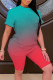 Blue Red Casual Gradual Change Patchwork O Neck Short Sleeve Two Pieces