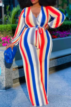 Red Casual Striped Patchwork V Neck Plus Size Jumpsuits