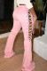 Pink Fashion Casual Solid Hollowed Out Strap Design Boot Cut Mid Waist Trousers